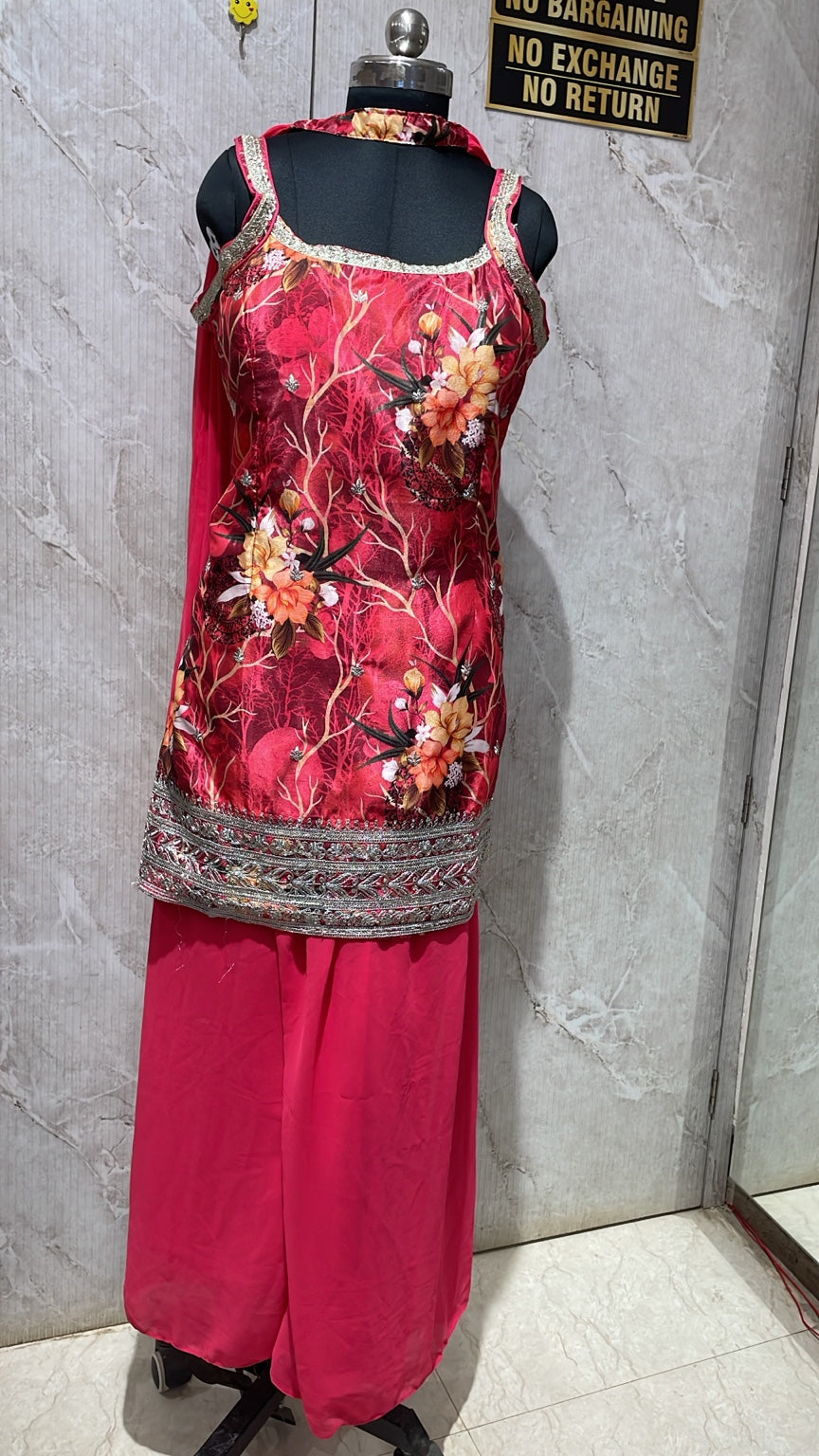Floral Printed Indo-Western Kurti Plazo Set with Choker Dupatta & Separate Sleeves Fabric – Pink Wine