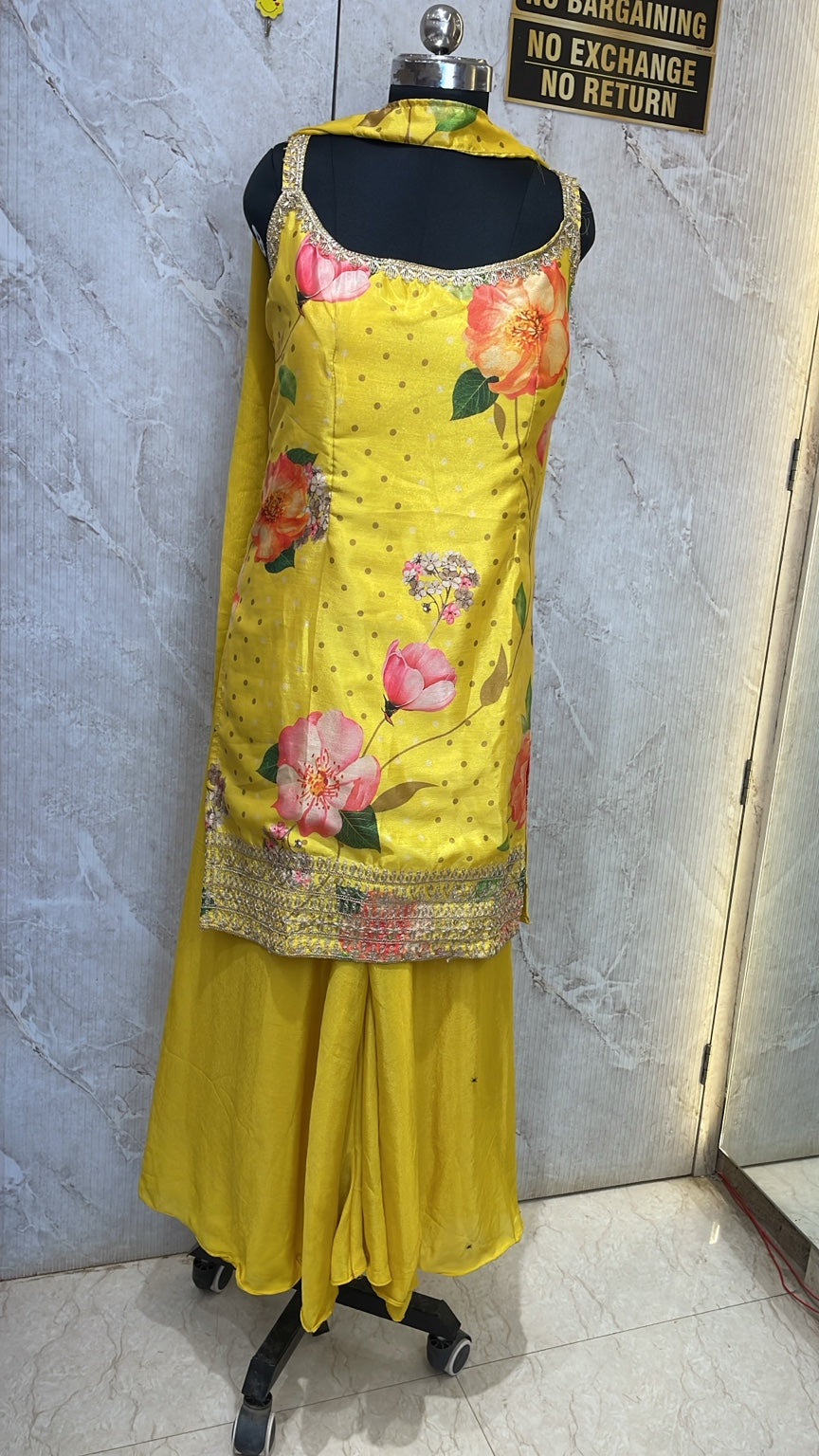 Sunidhi Ethnic Yellow Floral Printed Kurta Plazo Set with Choker Dupatta