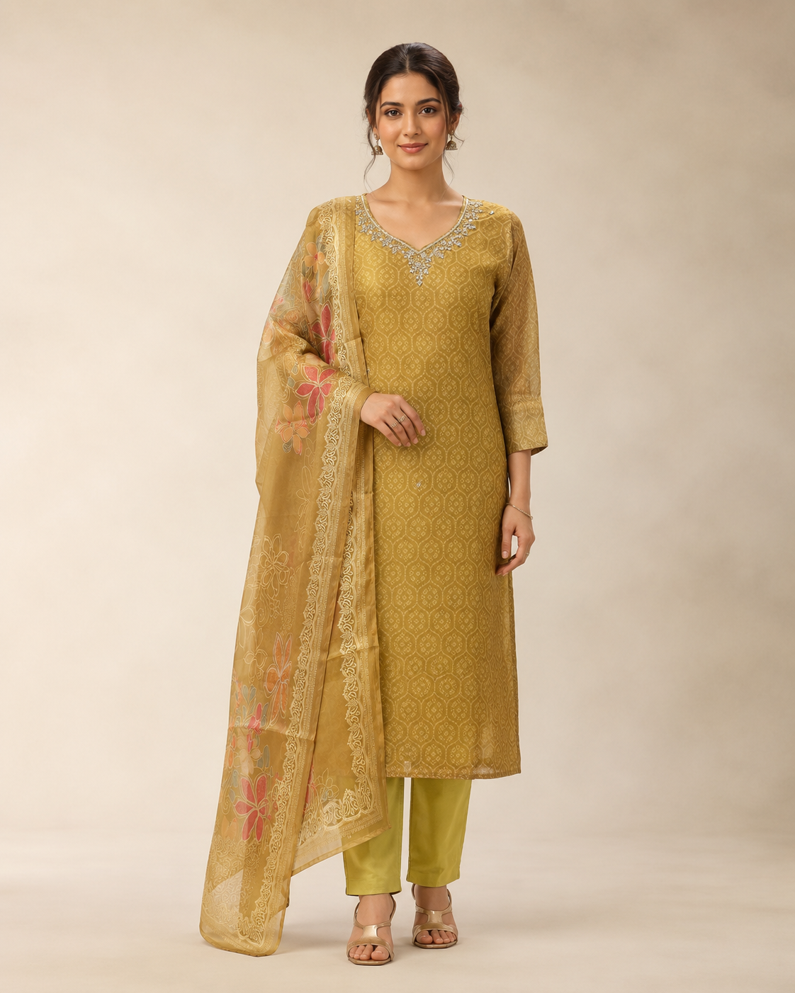 Mustard Gold Embellished Kurta Set with Floral Dupatta