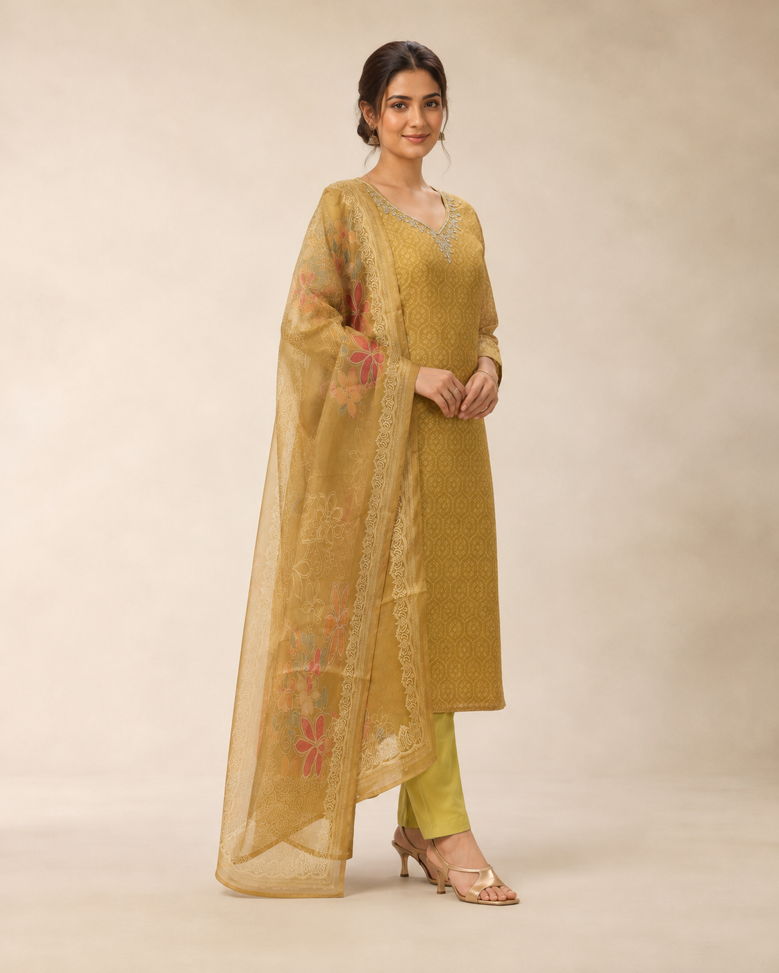 Mustard Gold Embellished Kurta Set with Floral Dupatta