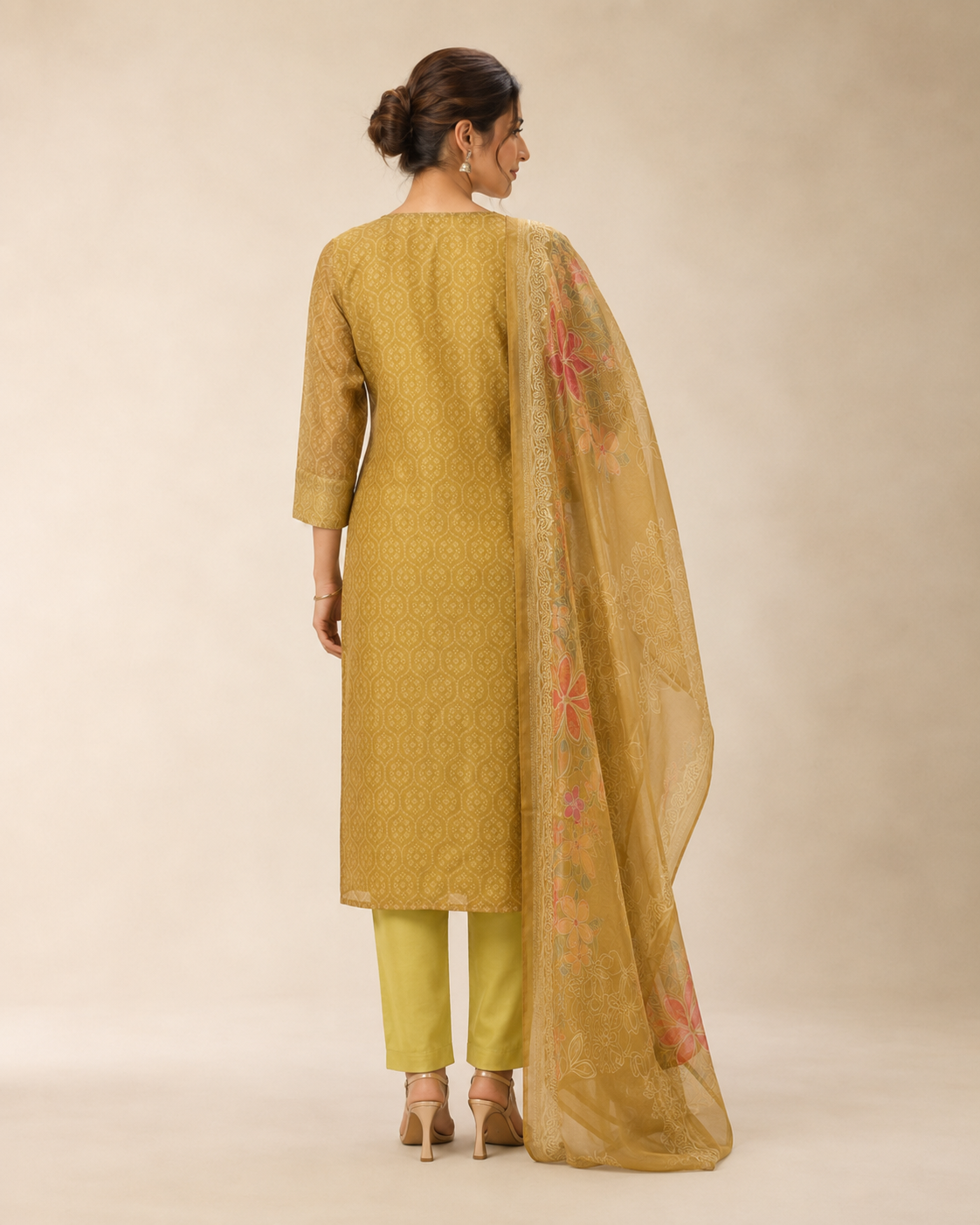 Mustard Gold Embellished Kurta Set with Floral Dupatta