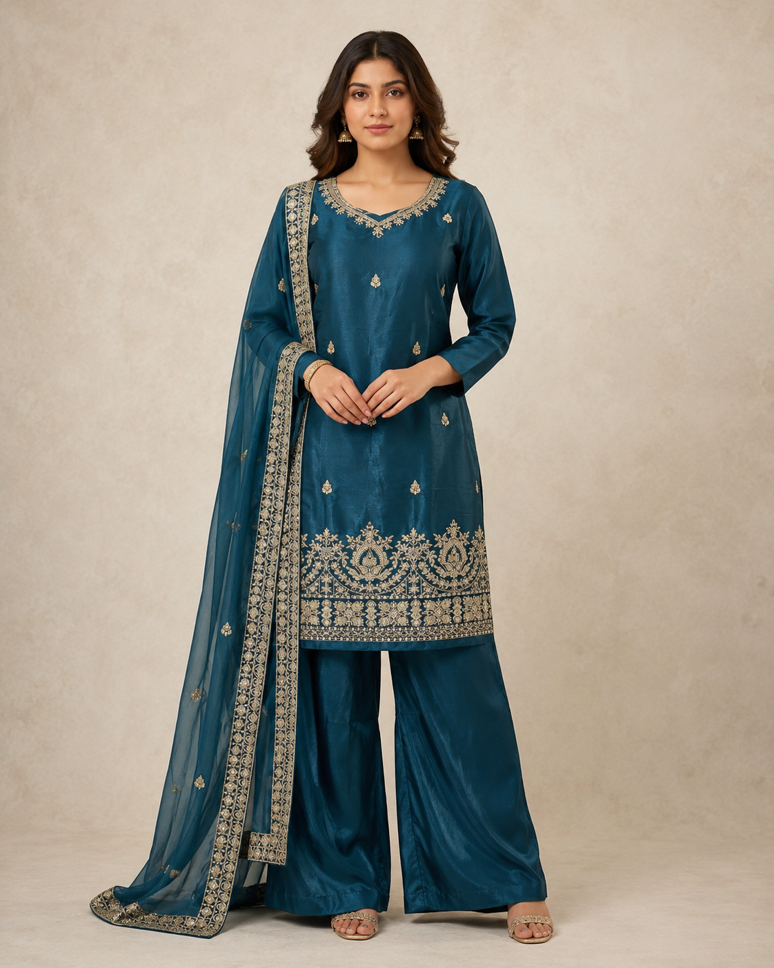 Teal Blue Embroidered Kurta Set with Dupatta