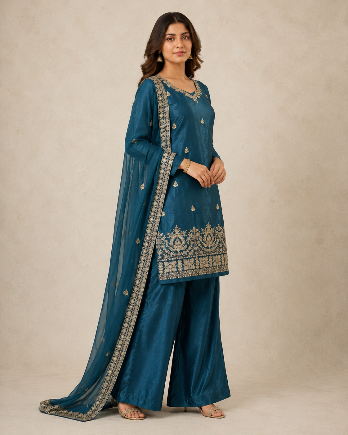 Teal Blue Embroidered Kurta Set with Dupatta
