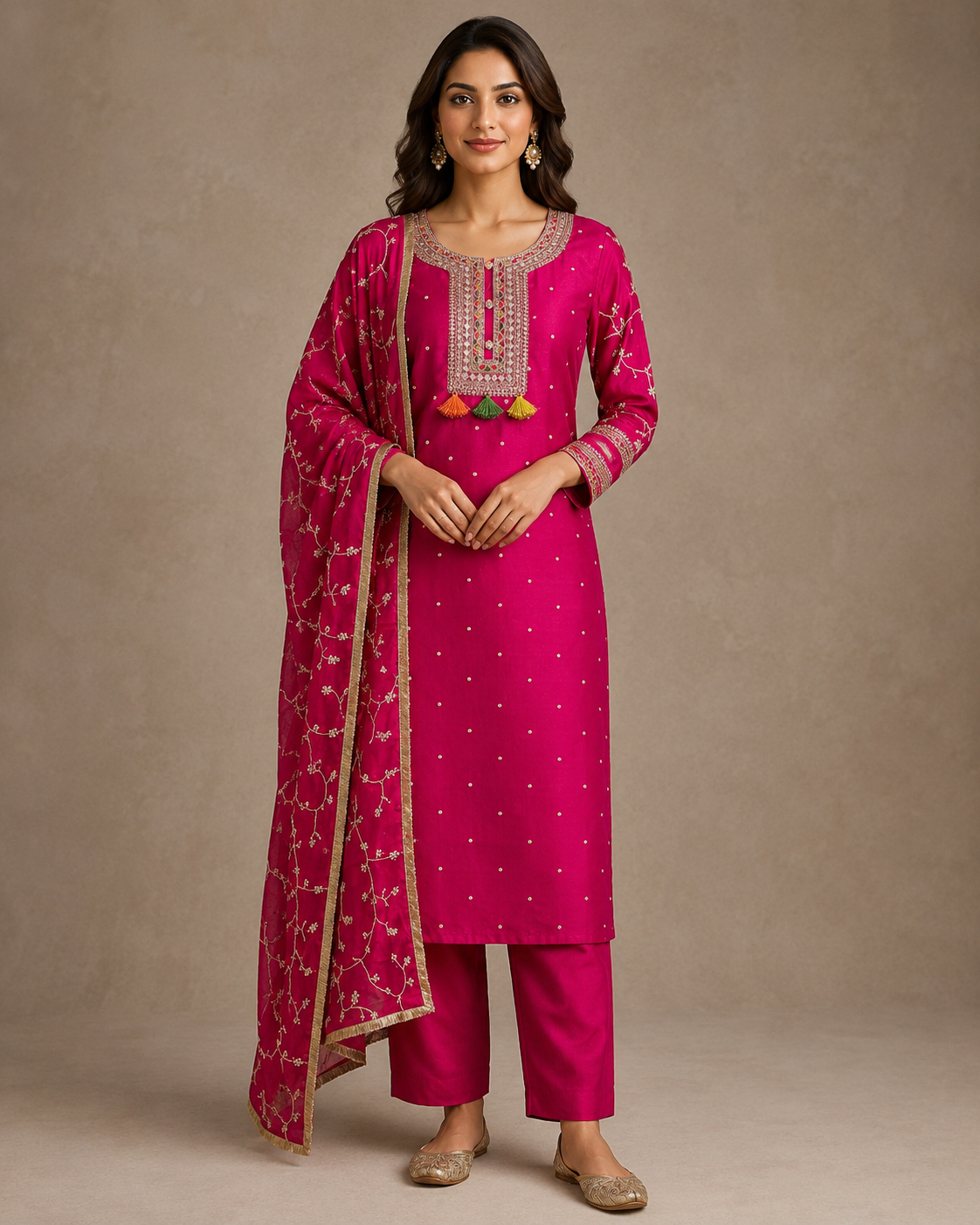 Fuchsia Pink Embroidered Kurta Set with Dupatta