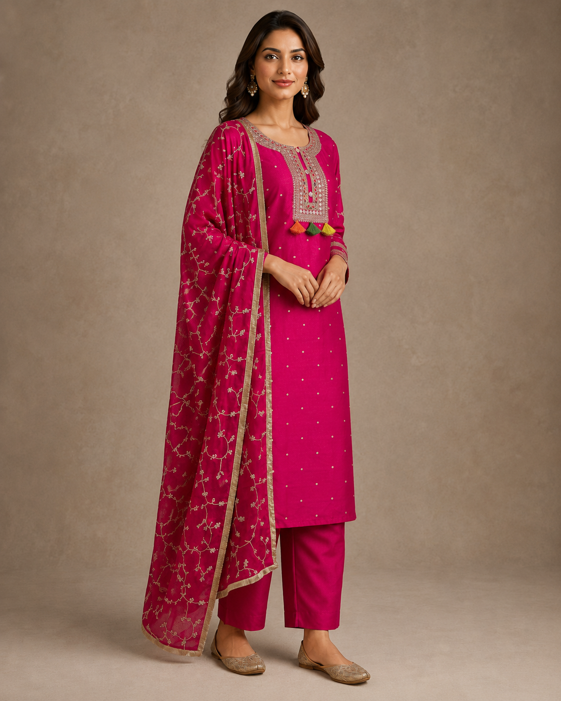 Fuchsia Pink Embroidered Kurta Set with Dupatta