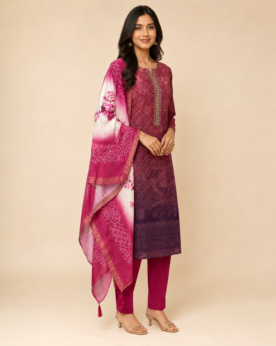 Maroon Printed Kurta Set with Floral Dupatta