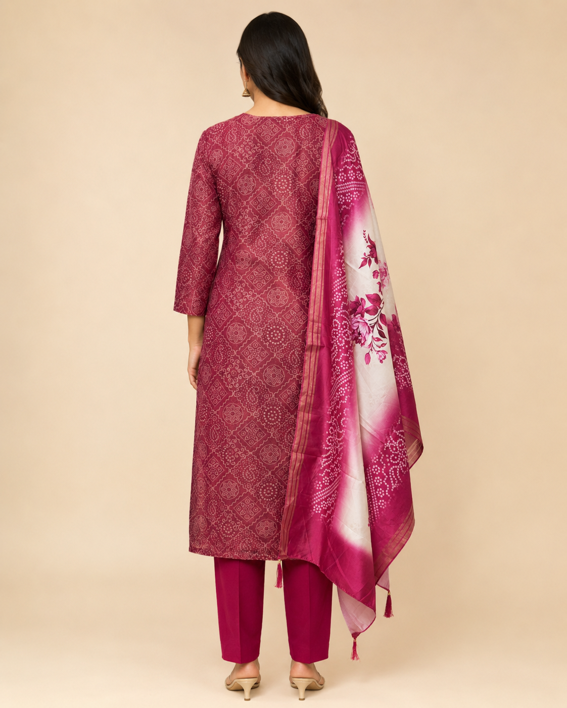 Maroon Printed Kurta Set with Floral Dupatta