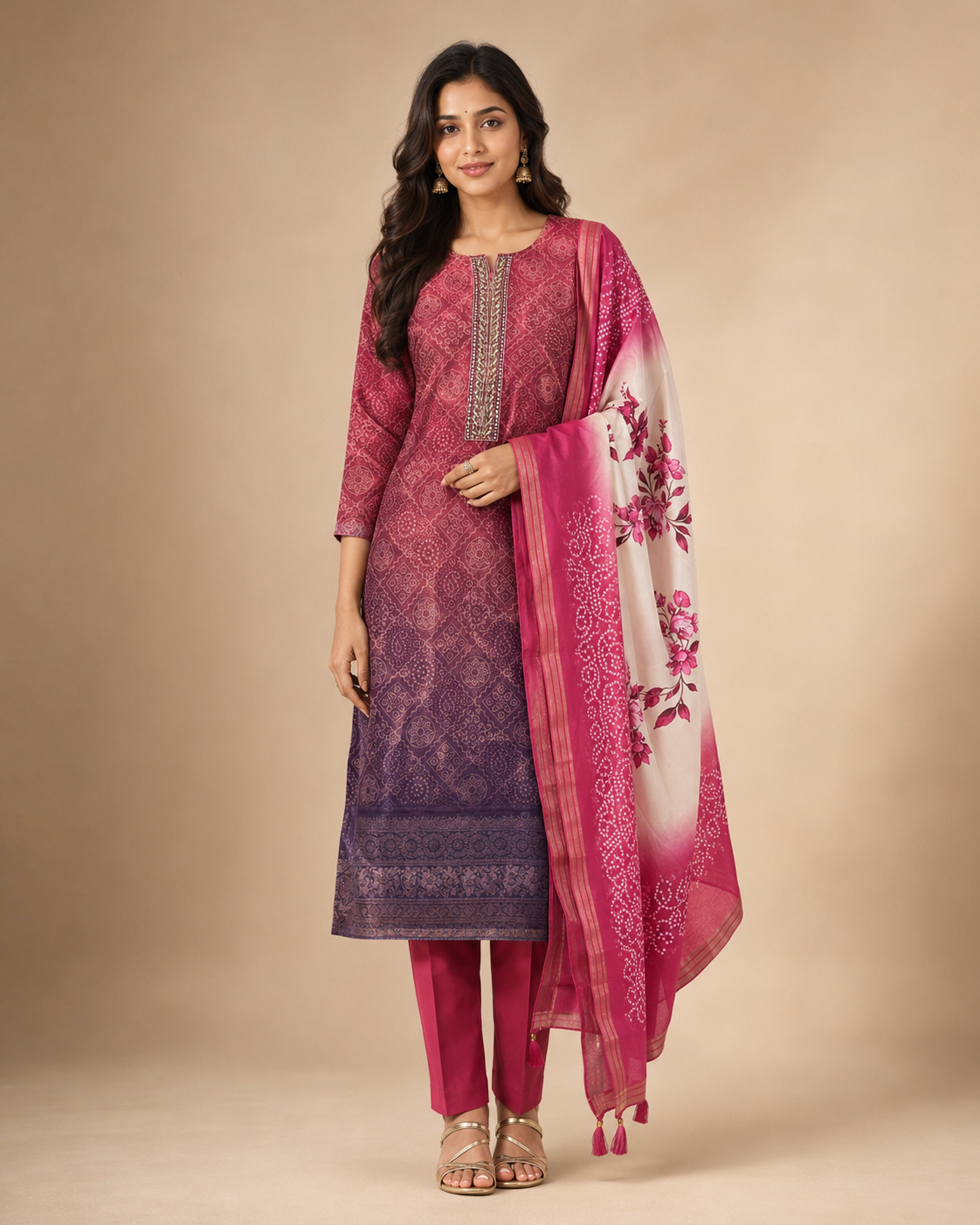 Maroon Printed Kurta Set with Floral Dupatta