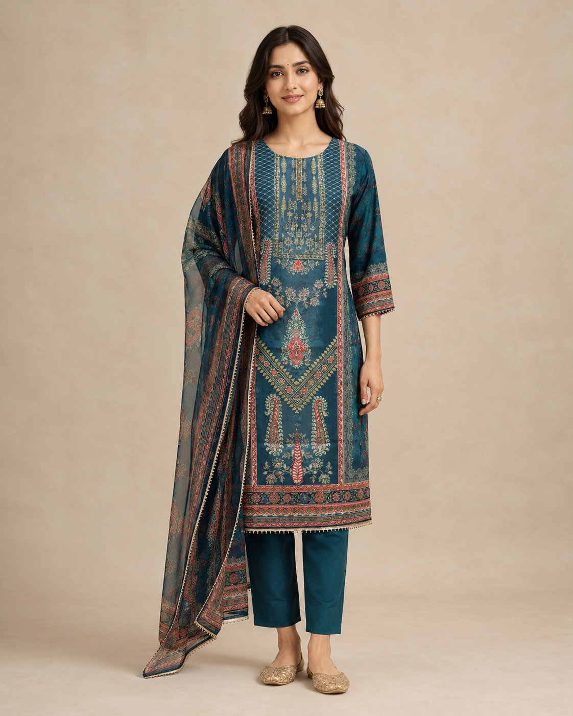 Teal Blue Printed Kurta Set with Dupatta