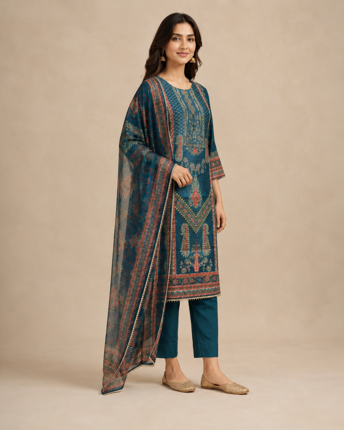 Teal Blue Printed Kurta Set with Dupatta