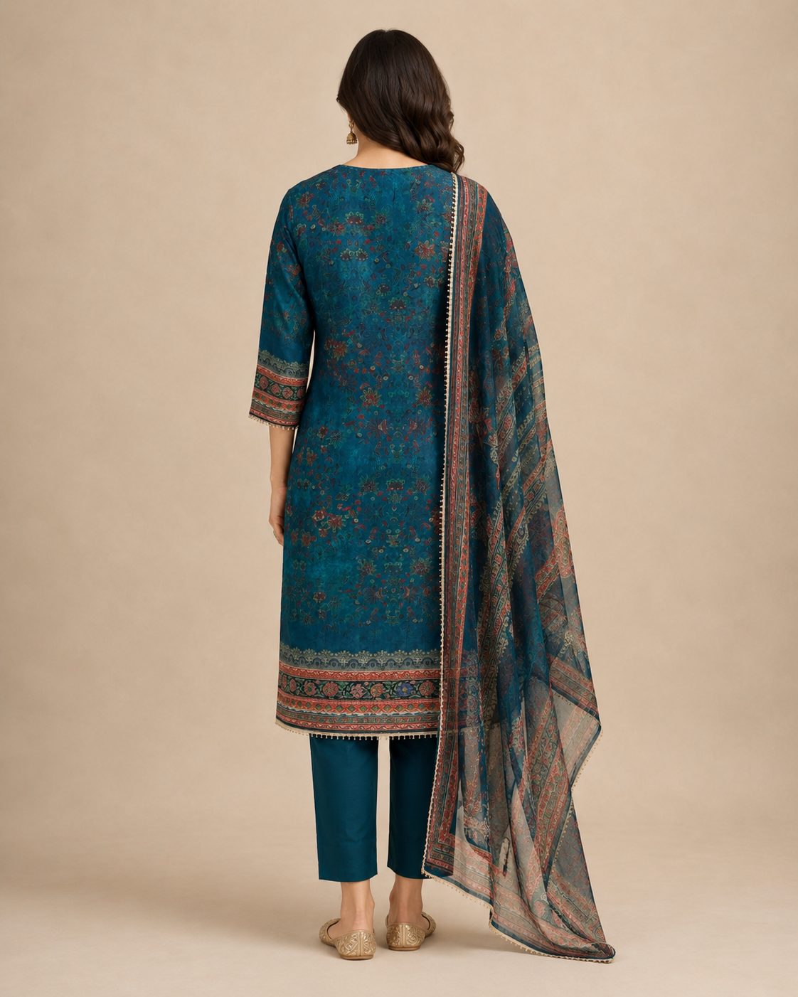 Teal Blue Printed Kurta Set with Dupatta
