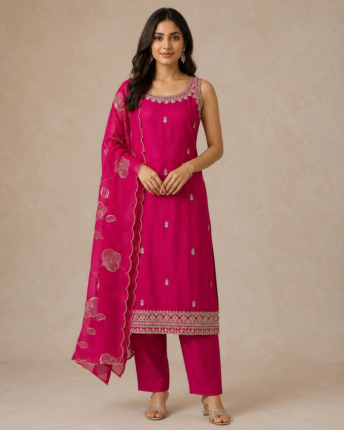 Fuchsia Embroidered Kurta Set with Floral Dupatta