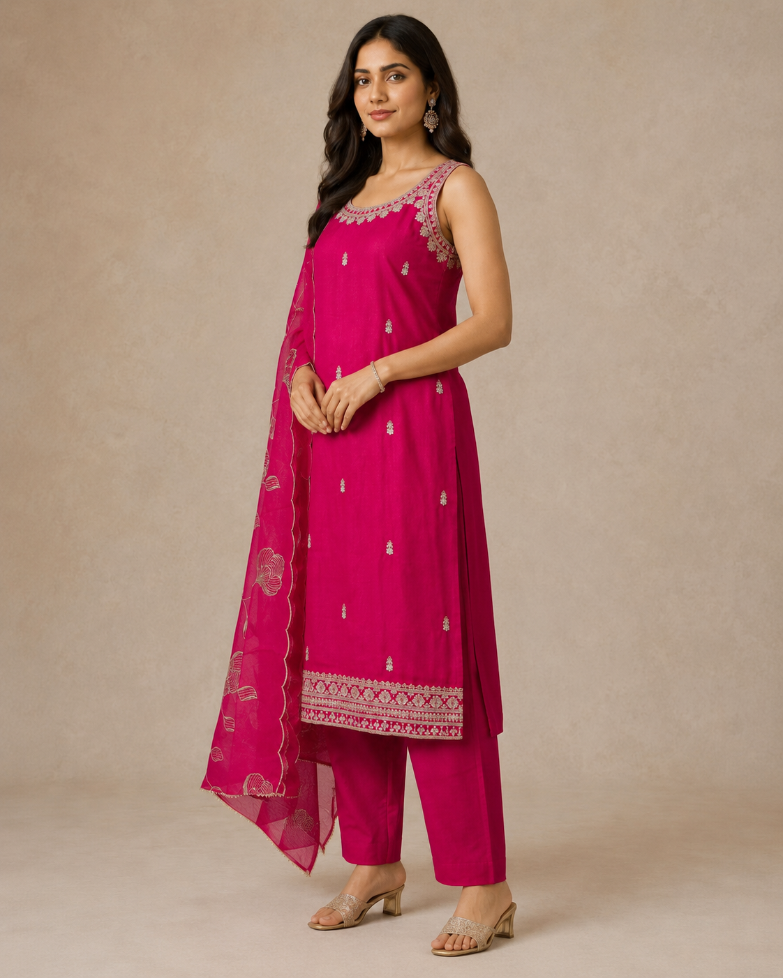 Fuchsia Embroidered Kurta Set with Floral Dupatta