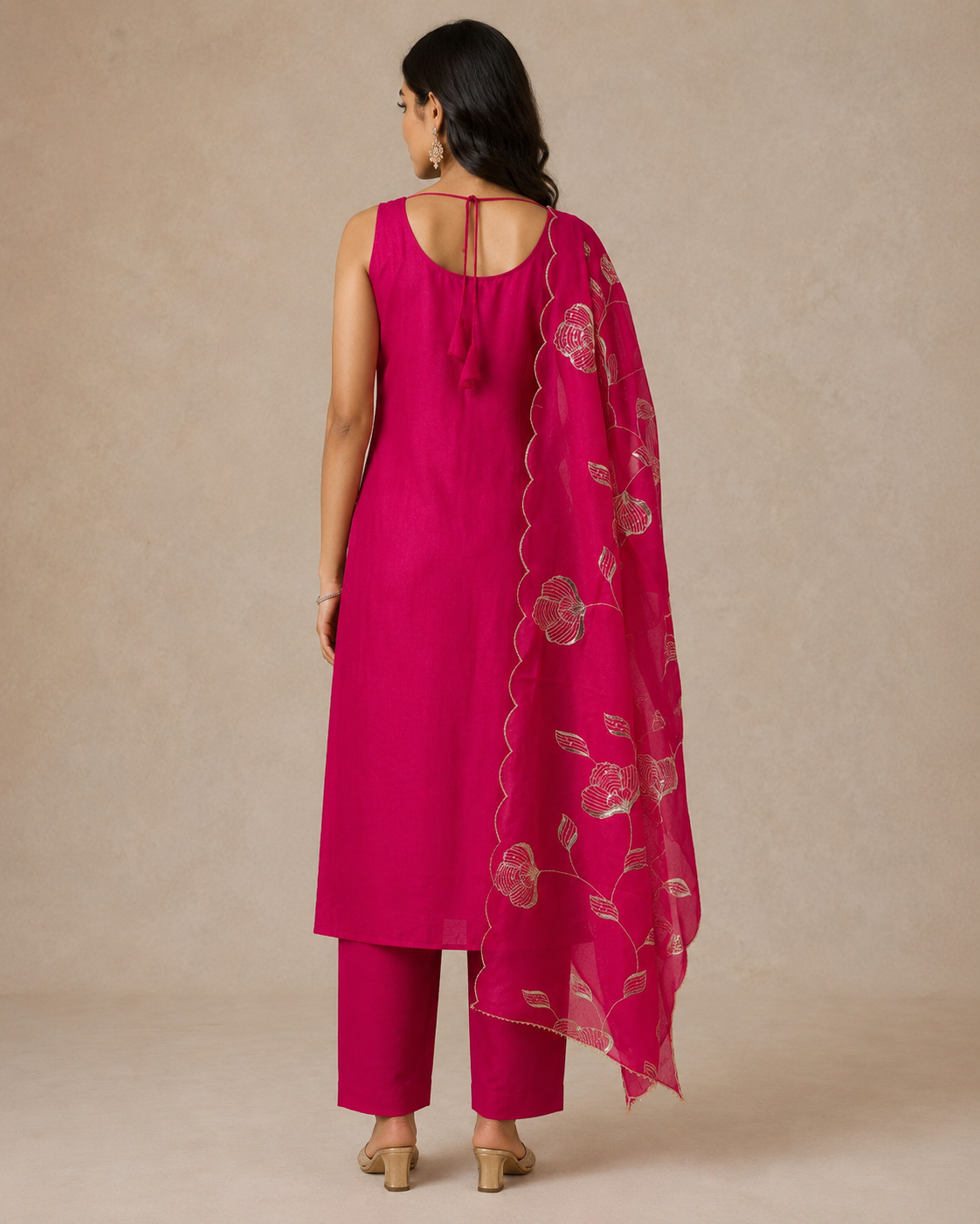 Fuchsia Embroidered Kurta Set with Floral Dupatta