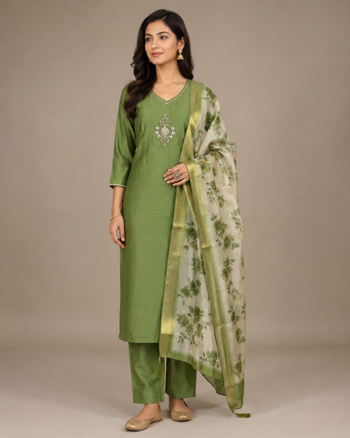 Olive Green Embroidered Kurta Set with Floral Dupatta