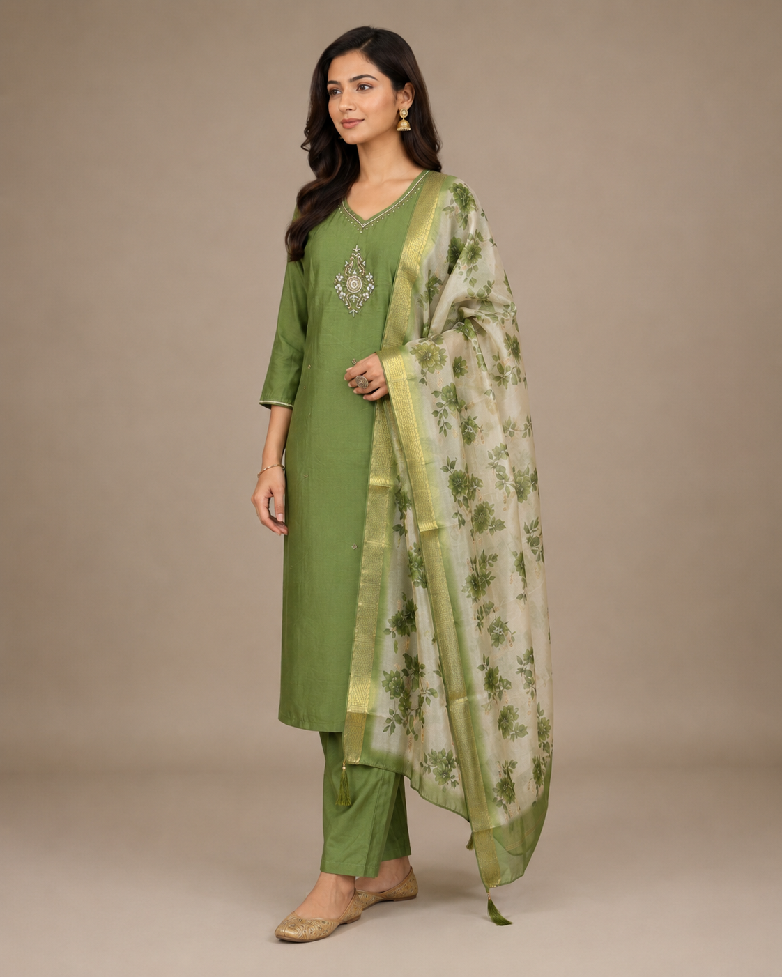 Olive Green Embroidered Kurta Set with Floral Dupatta