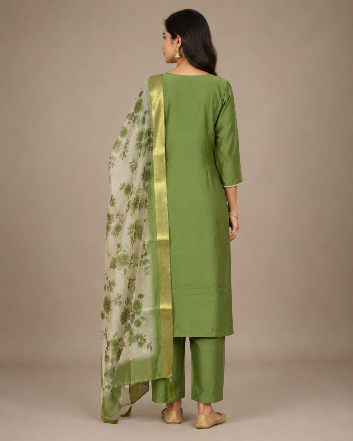 Olive Green Embroidered Kurta Set with Floral Dupatta