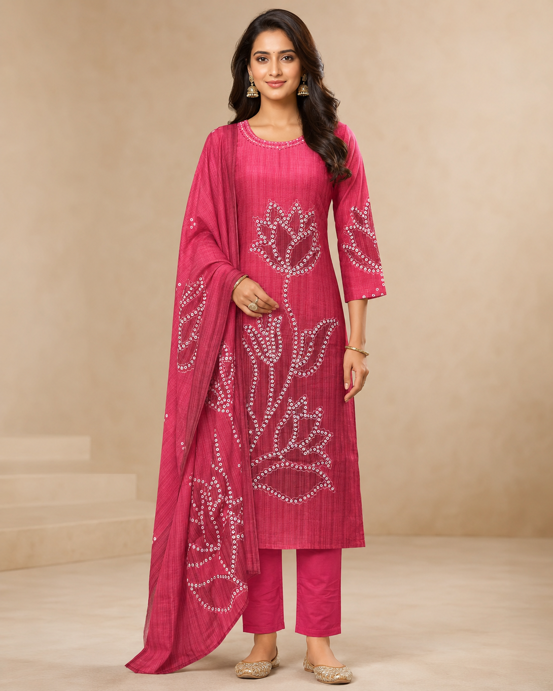 Pink Floral Embroidered Kurta Set with Dupatta