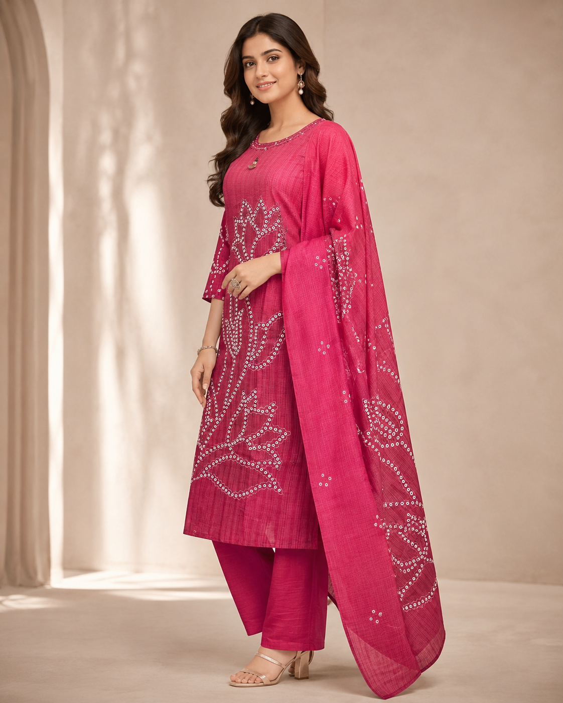 Pink Floral Embroidered Kurta Set with Dupatta