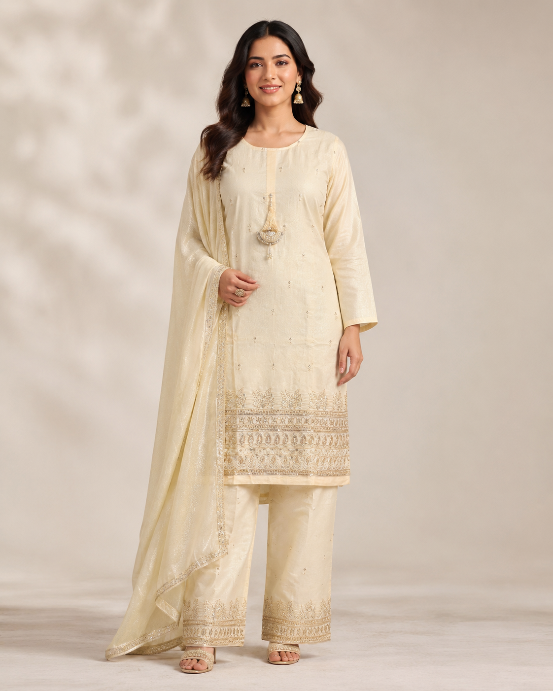 Ivory Cream Embroidered Kurta Set with Dupatta
