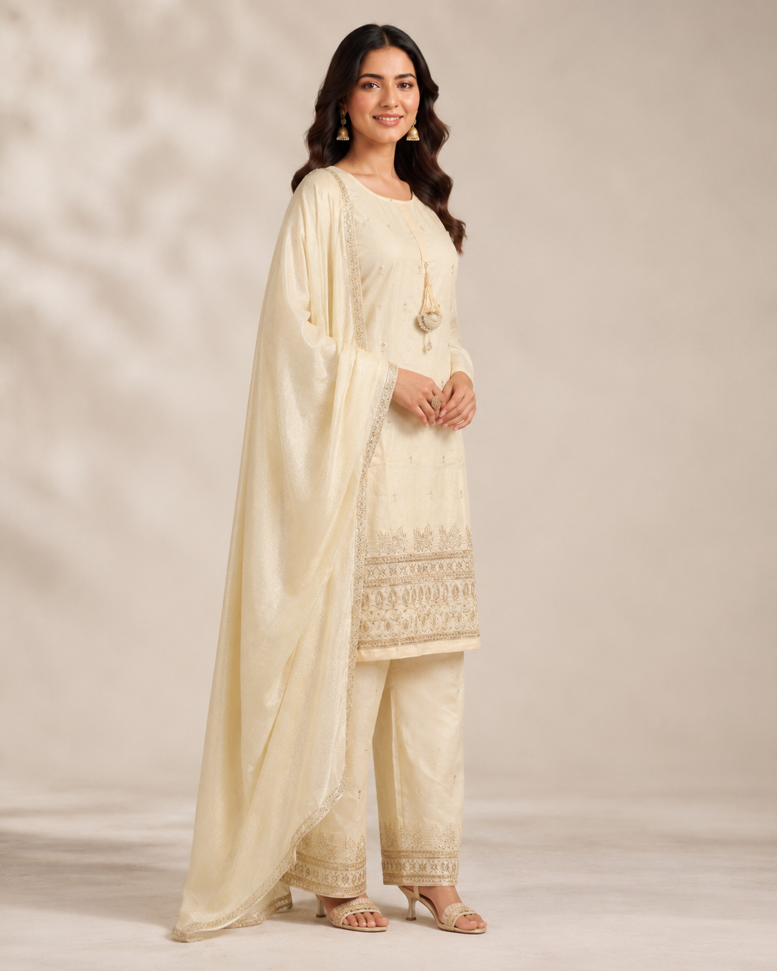 Ivory Cream Embroidered Kurta Set with Dupatta