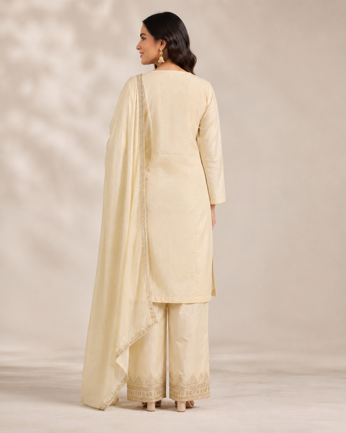 Ivory Cream Embroidered Kurta Set with Dupatta