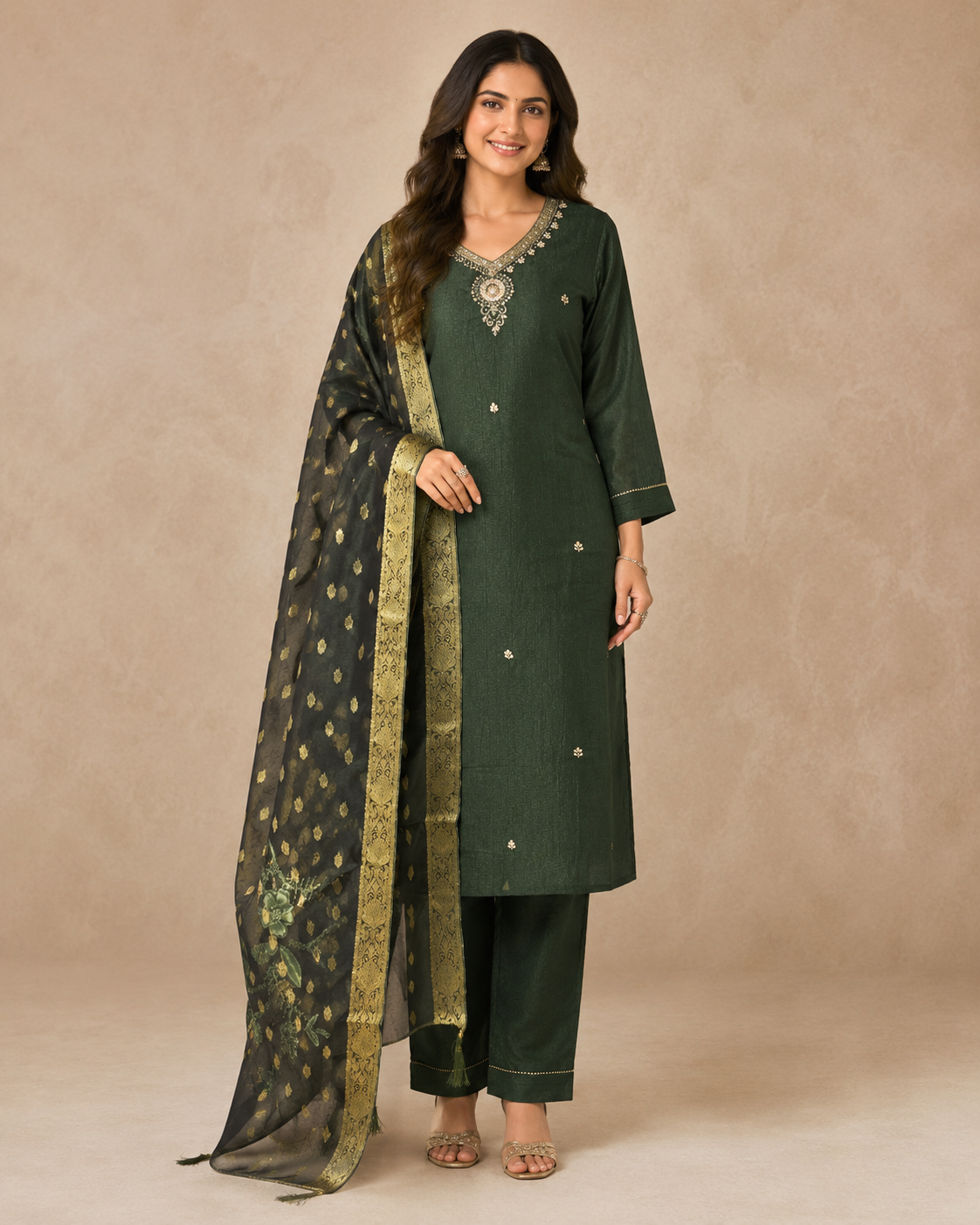 Dark Green Embroidered Kurta Set with Organza Dupatta