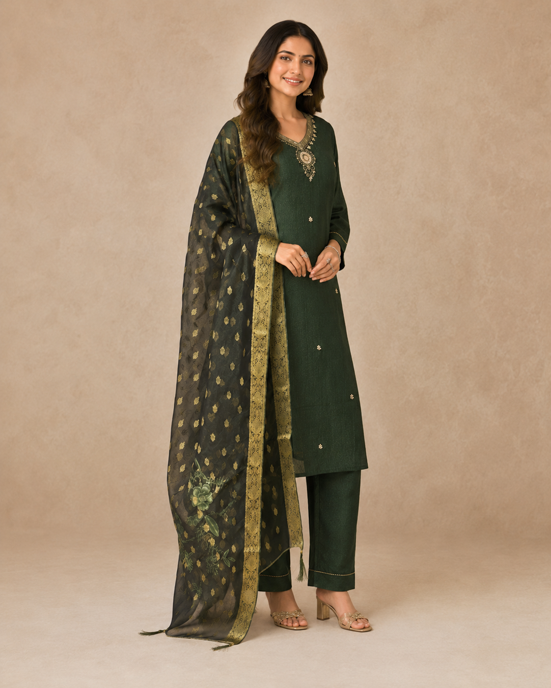Dark Green Embroidered Kurta Set with Organza Dupatta