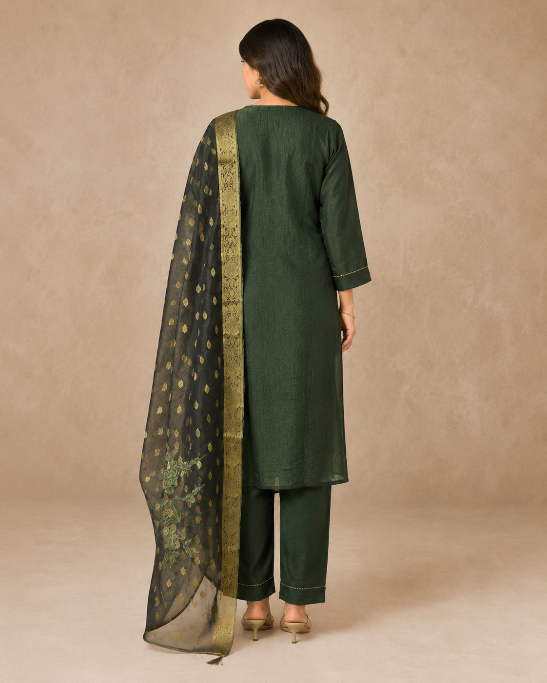 Dark Green Embroidered Kurta Set with Organza Dupatta