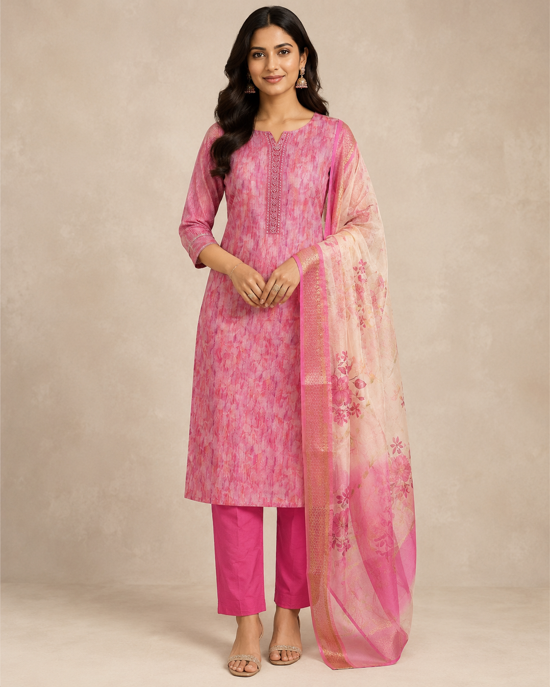 Pink Printed Kurta Set with Floral Organza Dupatta
