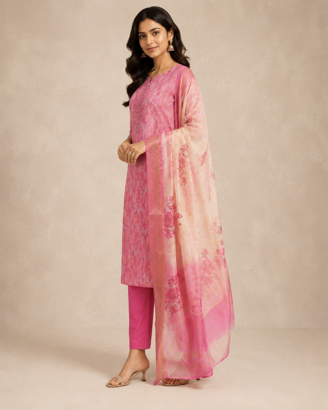 Pink Printed Kurta Set with Floral Organza Dupatta