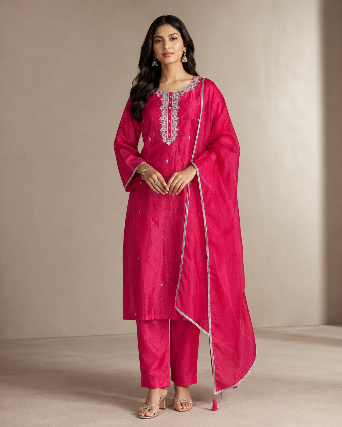 Fuchsia Pink Embroidered Kurta Set with Dupatta