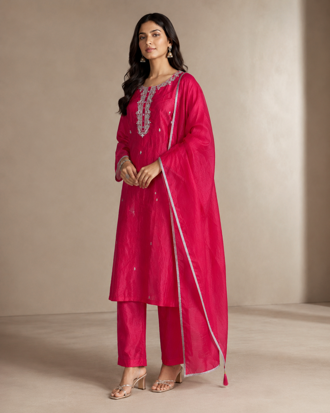 Fuchsia Pink Embroidered Kurta Set with Dupatta