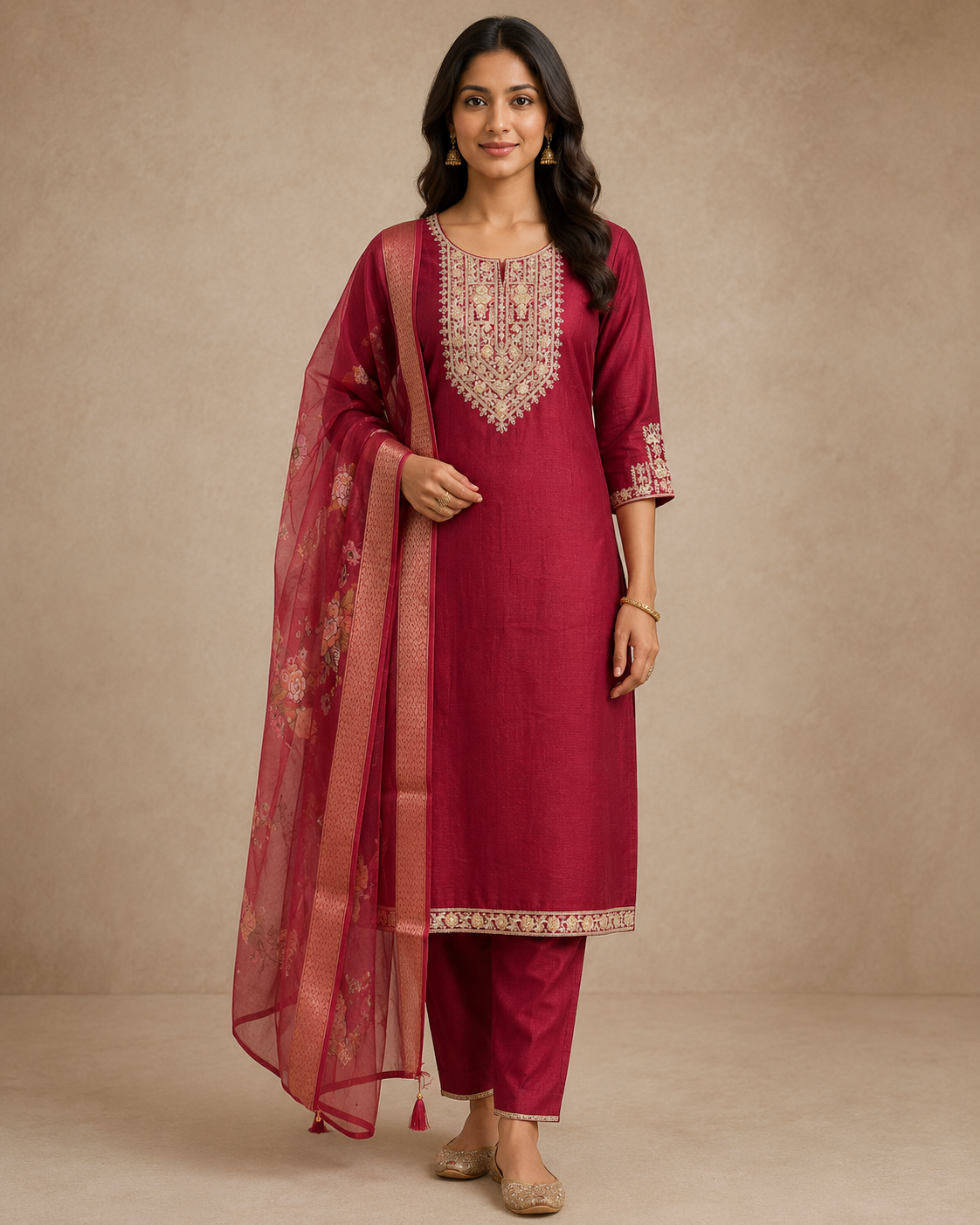 Maroon Embroidered Kurta Set with Dupatta