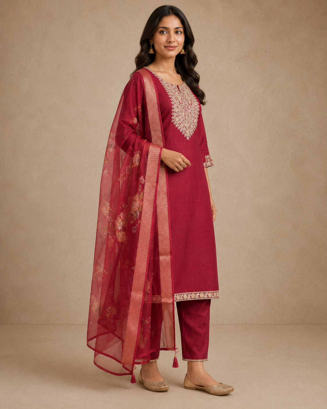 Maroon Embroidered Kurta Set with Dupatta