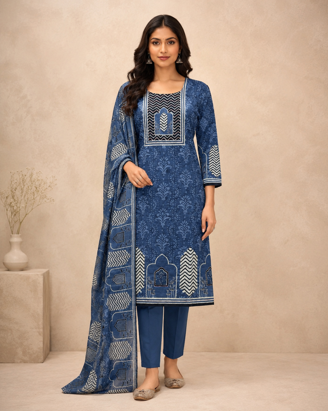 Pure Cotton Indigo Blue Printed Kurti Set with Dupatta