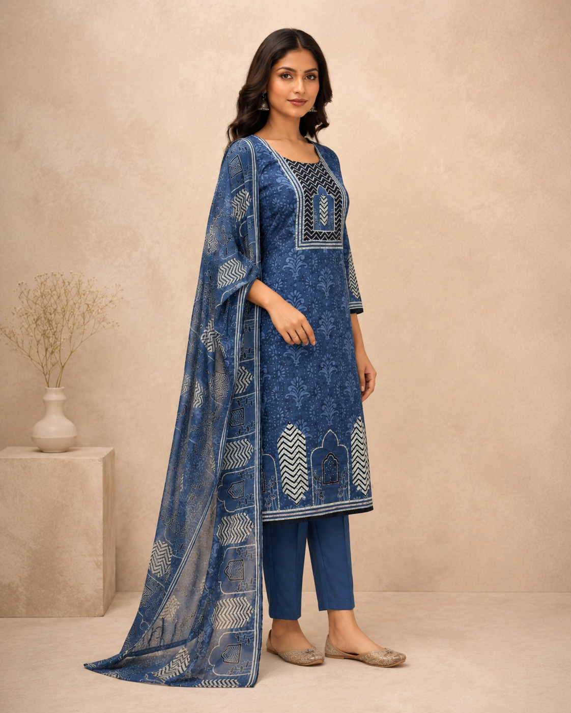 Pure Cotton Indigo Blue Printed Kurti Set with Dupatta