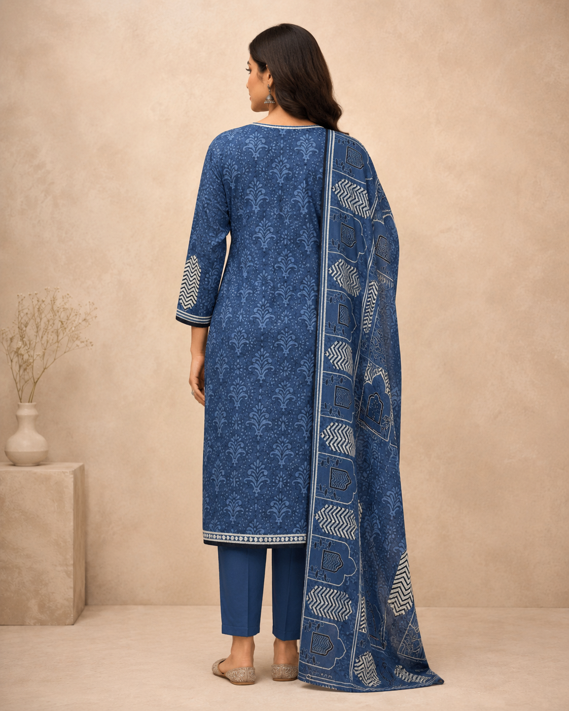 Pure Cotton Indigo Blue Printed Kurti Set with Dupatta