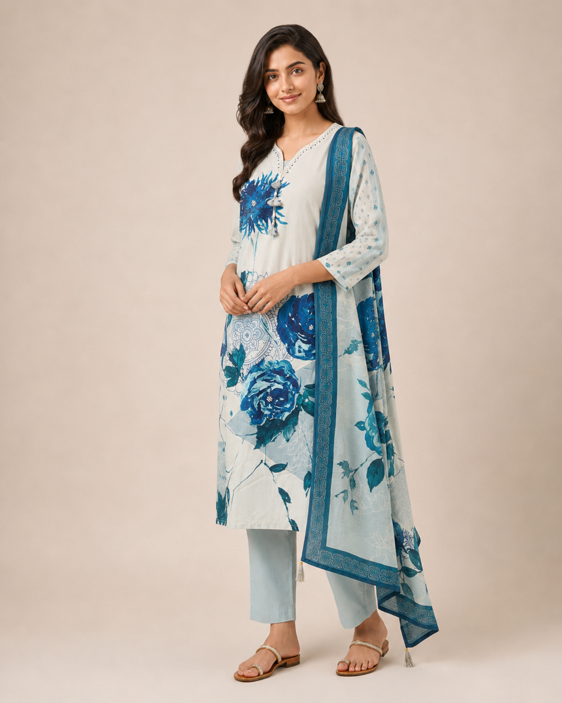 Elegant Blue Floral Cotton Kurti Set with Dupatta