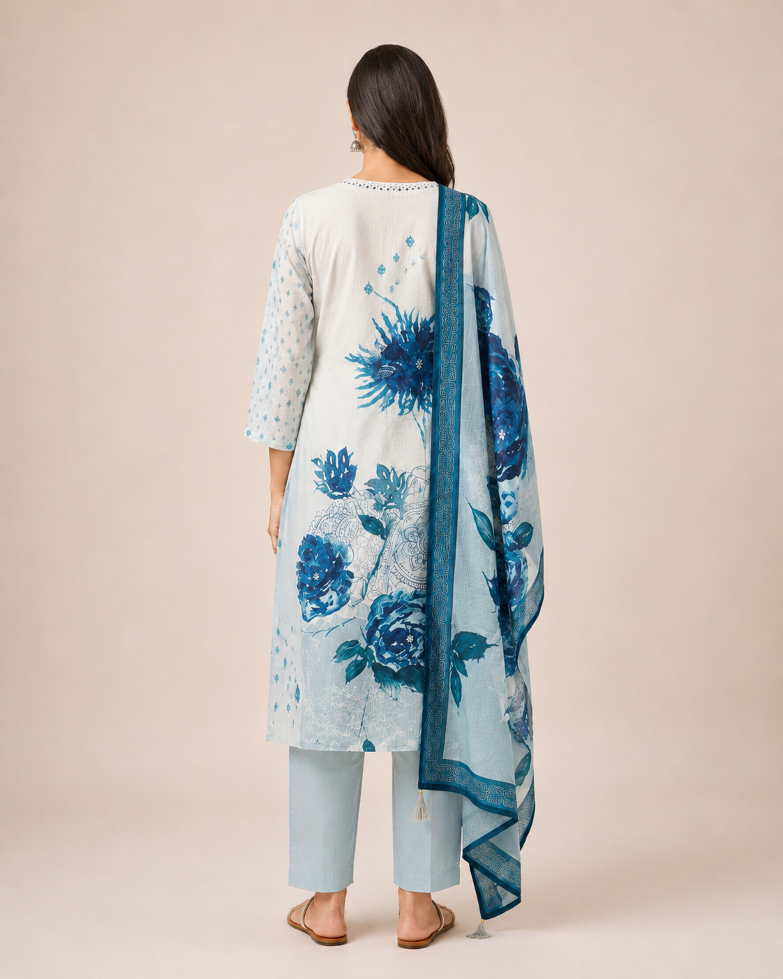 Elegant Blue Floral Cotton Kurti Set with Dupatta