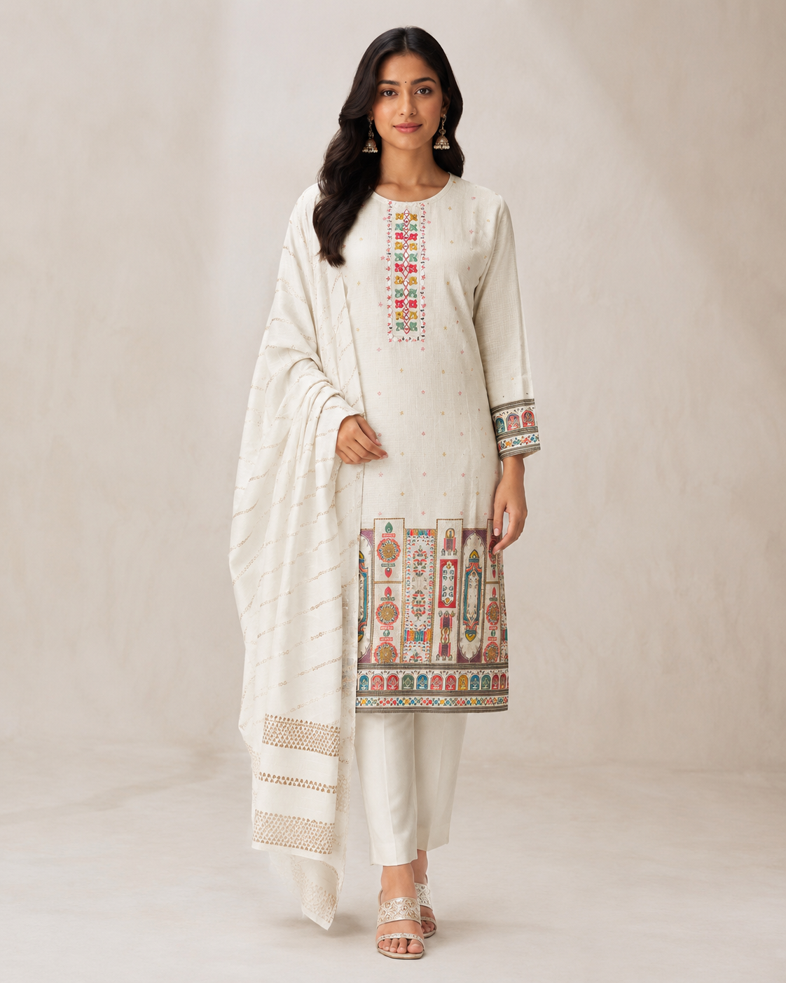 Off-White Embroidered Kurta Set with Printed Hem &amp; Dupatta