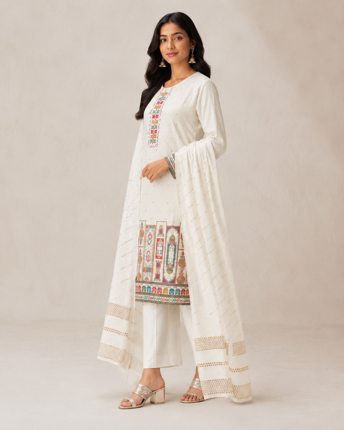 Off-White Embroidered Kurta Set with Printed Hem &amp; Dupatta