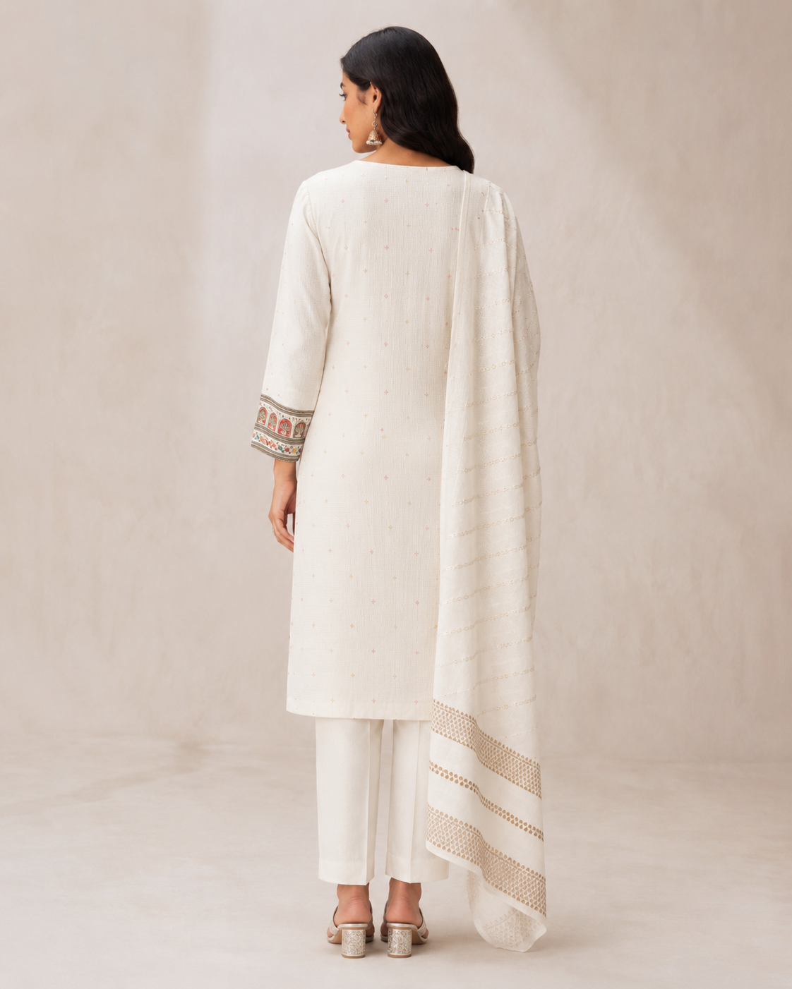 Off-White Embroidered Kurta Set with Printed Hem &amp; Dupatta