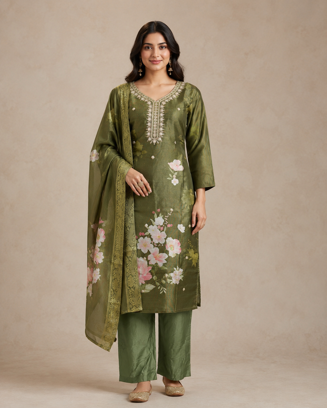 Olive Green Floral Embroidered Kurti Set with Dupatta