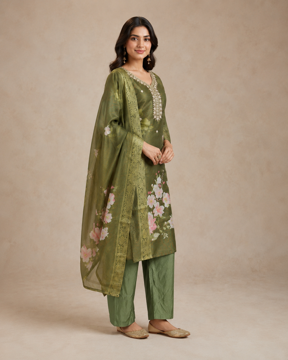 Olive Green Floral Embroidered Kurti Set with Dupatta
