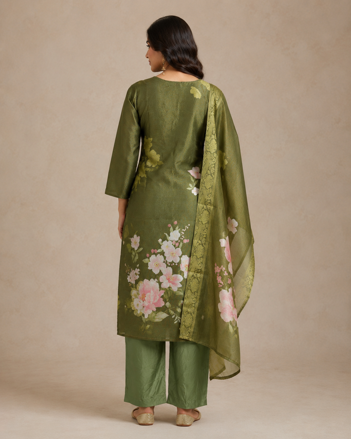 Olive Green Floral Embroidered Kurti Set with Dupatta