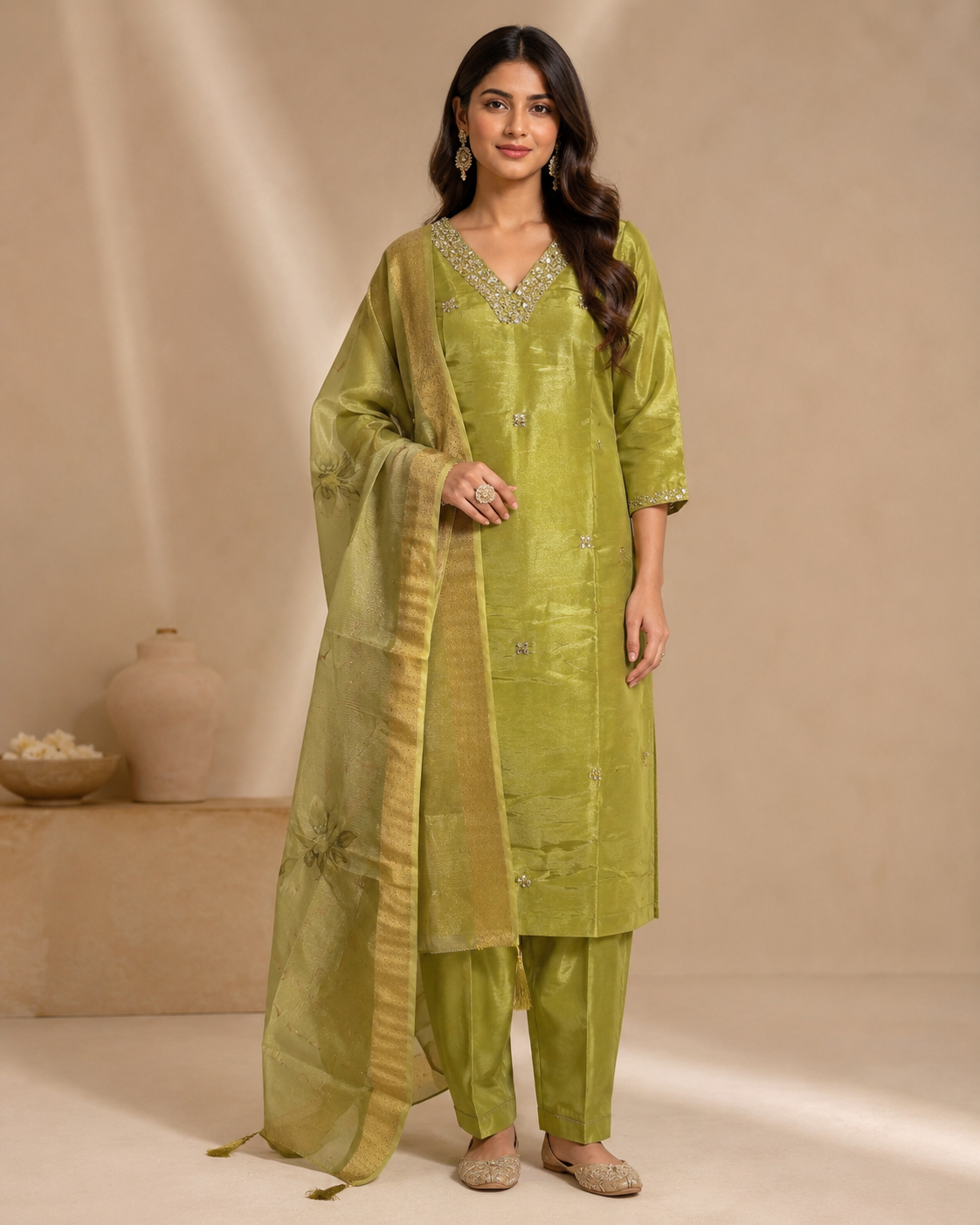 Olive Green Silk Kurti Pant Set with Embellished V-Neck &amp; Organza Dupatta