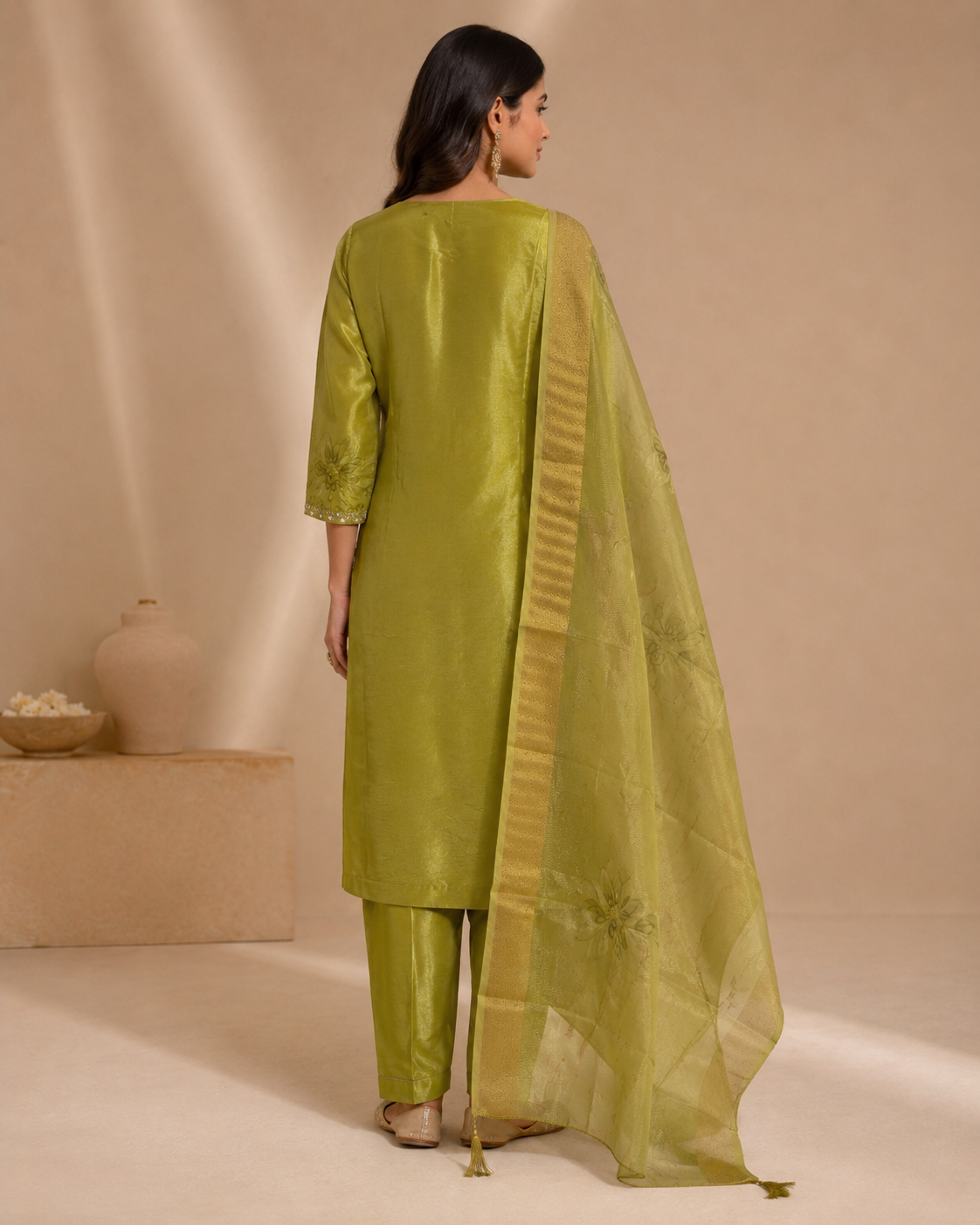 Olive Green Silk Kurti Pant Set with Embellished V-Neck &amp; Organza Dupatta