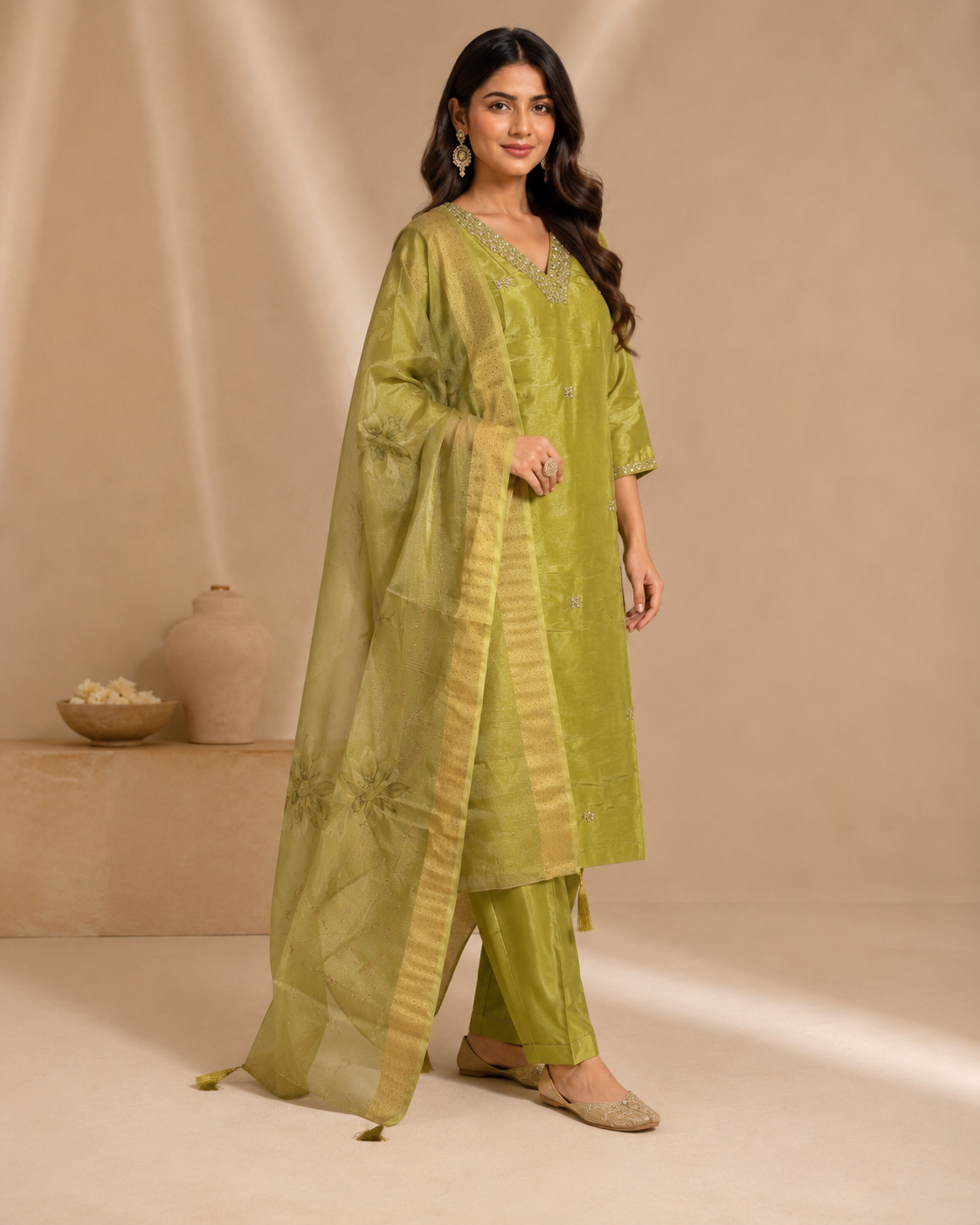 Olive Green Silk Kurti Pant Set with Embellished V-Neck &amp; Organza Dupatta