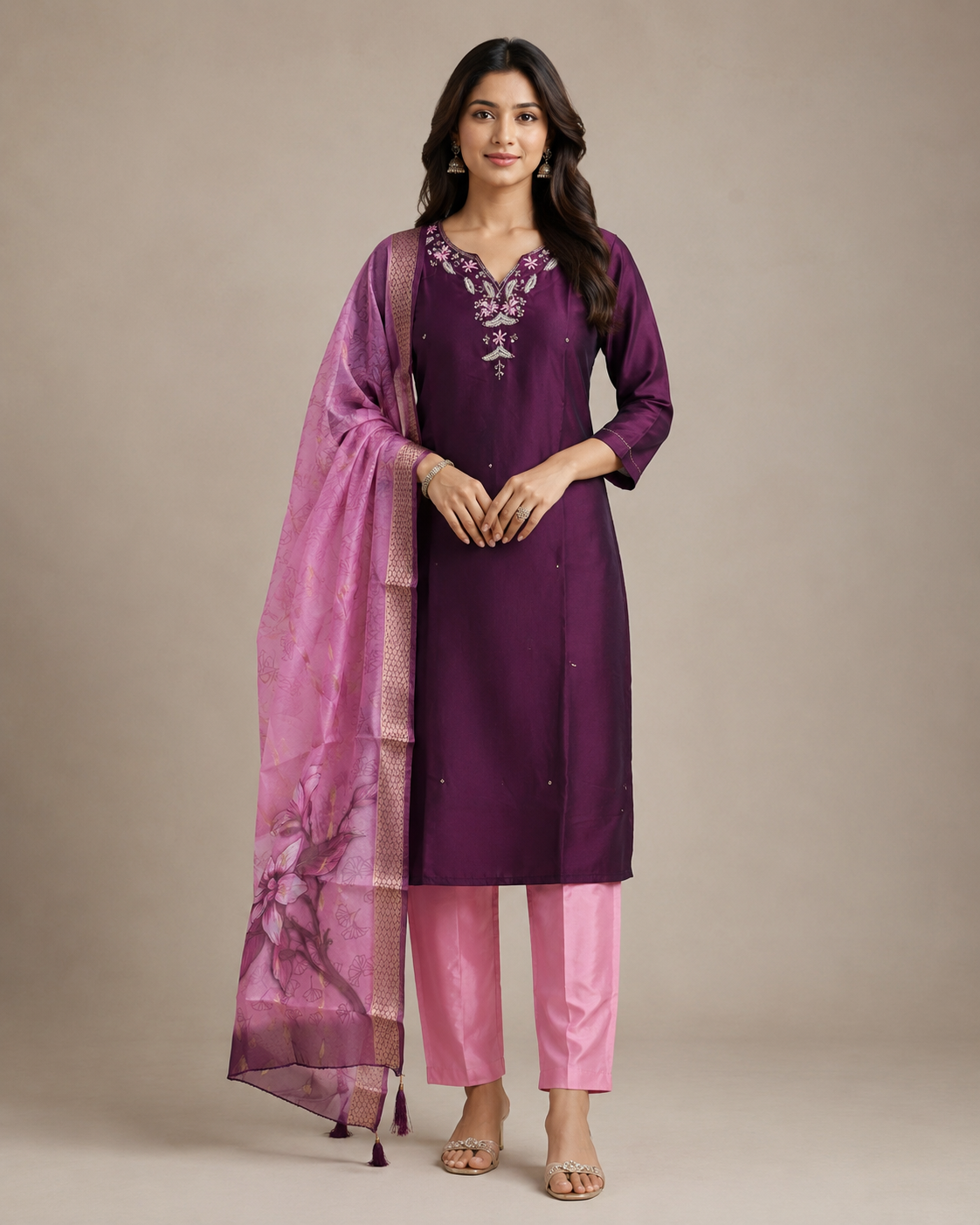 Product Title: Olive Green Silk Kurti Pant Set with Embroidered Organza Dupatta